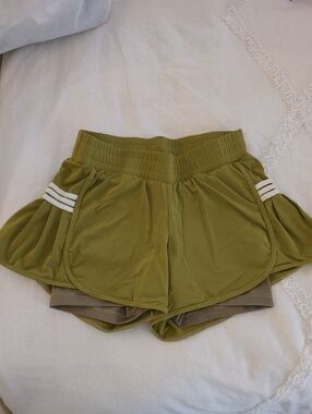 Olive Athletic Layered Running Shorts with Side Stripe